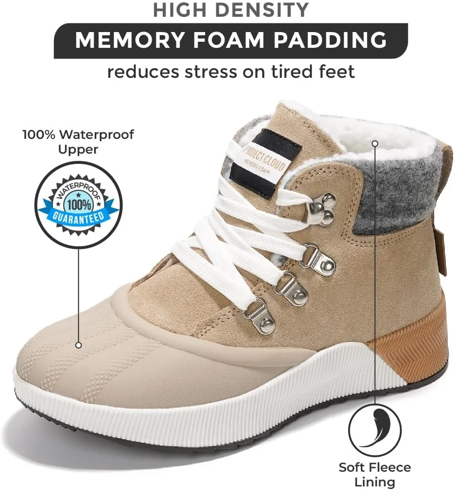 Project Cloud Waterproof Snow Boots for Women - Memory Foam Insole Non-Slip Womens Snow Boots & Winter Shoes with Shoe Lace - Lightweight Indoor Outdoor Shoes