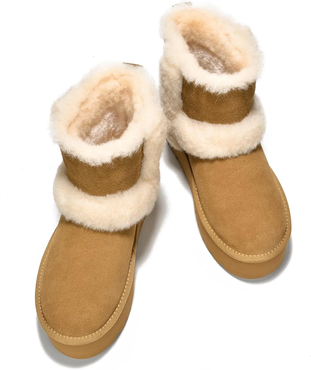 Project Cloud Women's Platform Boots - Premium Genuine Suede Decorated Wool Collar Snow Boots with Memory Foam Insole - Water Resistant Ankle Boots for Women - Indoor & Outdoor (Furby)