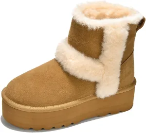 Project Cloud Women's Platform Boots - Premium Genuine Suede Decorated Wool Collar Snow Boots with Memory Foam Insole - Water Resistant Ankle Boots for Women - Indoor & Outdoor (Furby)