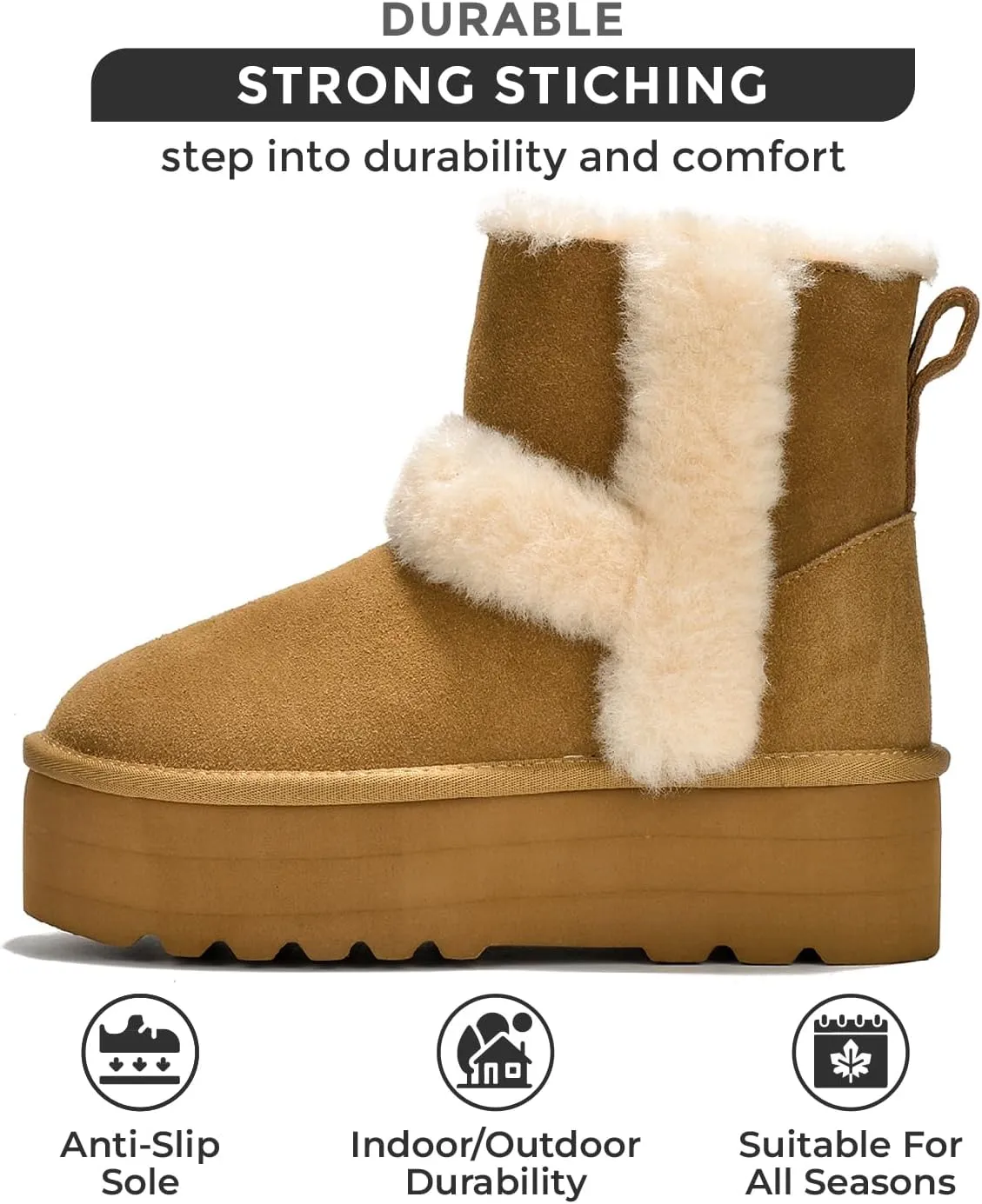 Project Cloud Women's Platform Boots - Premium Genuine Suede Decorated Wool Collar Snow Boots with Memory Foam Insole - Water Resistant Ankle Boots for Women - Indoor & Outdoor (Furby)