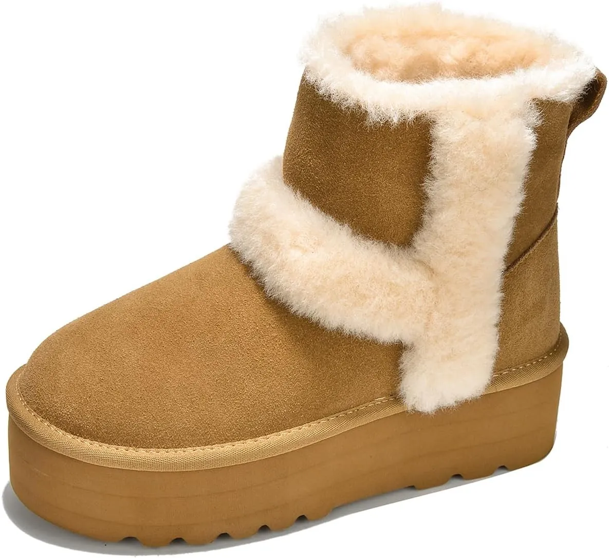 Project Cloud Women's Platform Boots - Premium Genuine Suede Decorated Wool Collar Snow Boots with Memory Foam Insole - Water Resistant Ankle Boots for Women - Indoor & Outdoor (Furby)