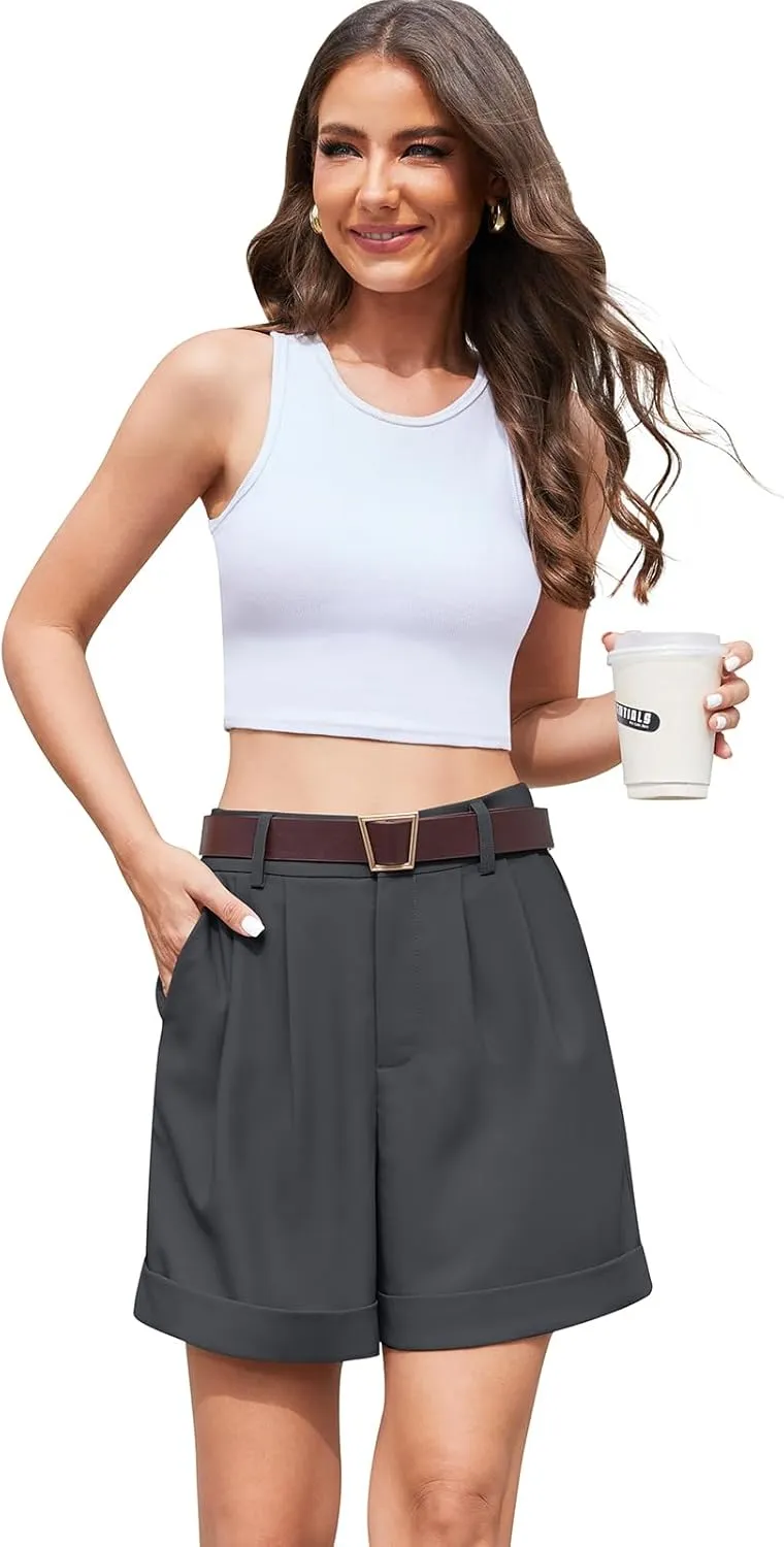 QUEZHU Women's Summer Dressy Casual Elastic Waist Wide Leg Suit Tailored Shorts Comfy Elagant Work Trouser Shorts