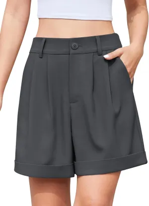 QUEZHU Women's Summer Dressy Casual Elastic Waist Wide Leg Suit Tailored Shorts Comfy Elagant Work Trouser Shorts