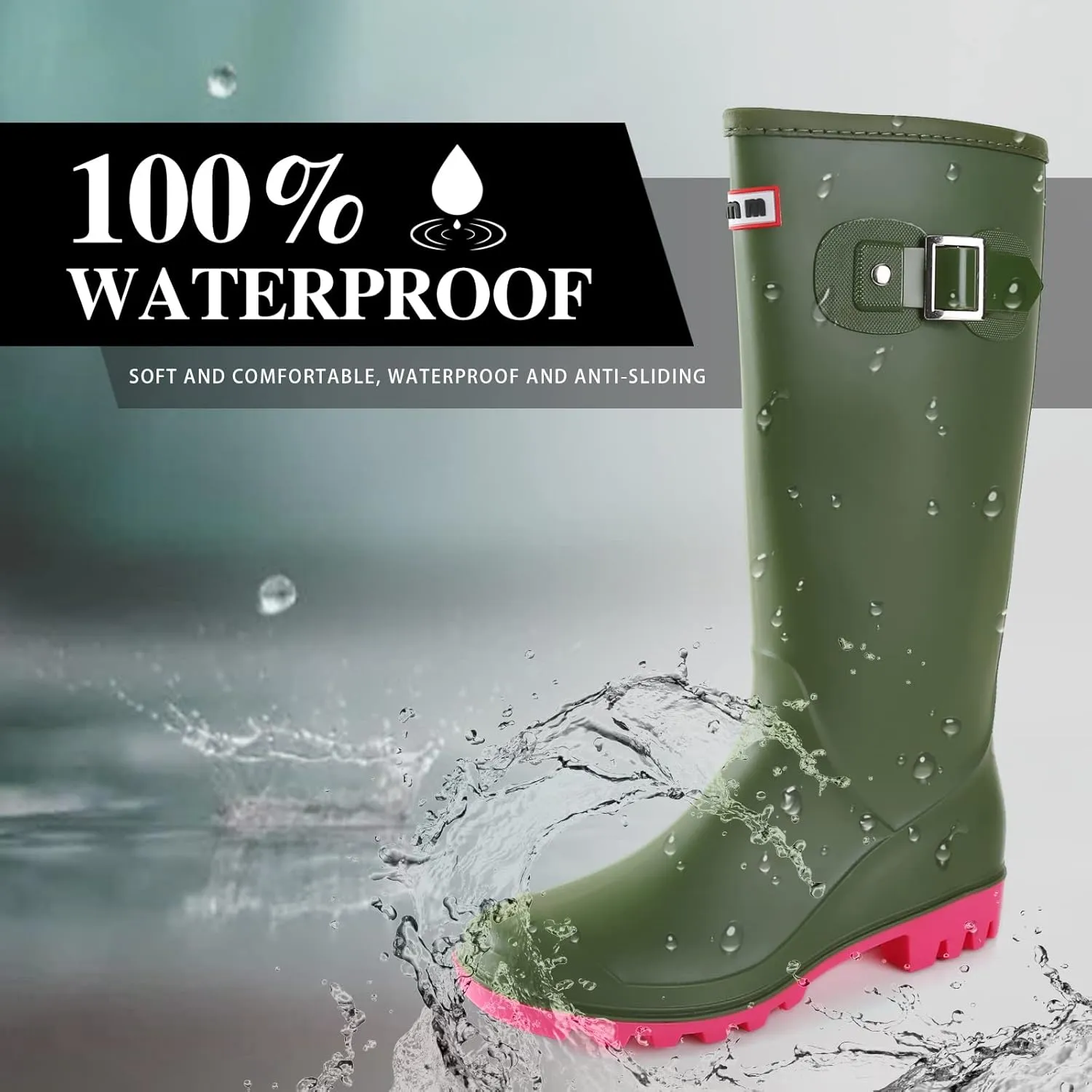 Rain Boots for Women, Waterproof Anti-Slip Knee High Rubber boots, Fashion Comfy Tall Water Boots Lightweightr Garden Booties for Outdoor