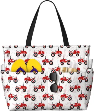 Red Wheeled Tractors Print Beach Pool Bags Tote For Women Ladies Large Gym Tote Carry On Bag For Weekender Travel Waterproof