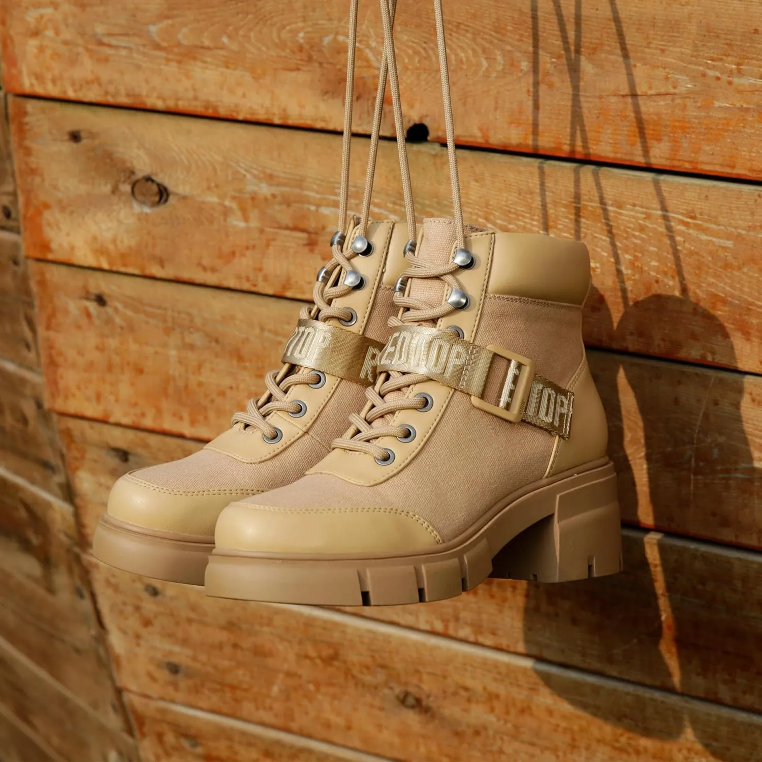 REDTOP Women's Combat Boots Chunky Lug Sole Ankle Boots Lace Up Buckle Casual Shoes