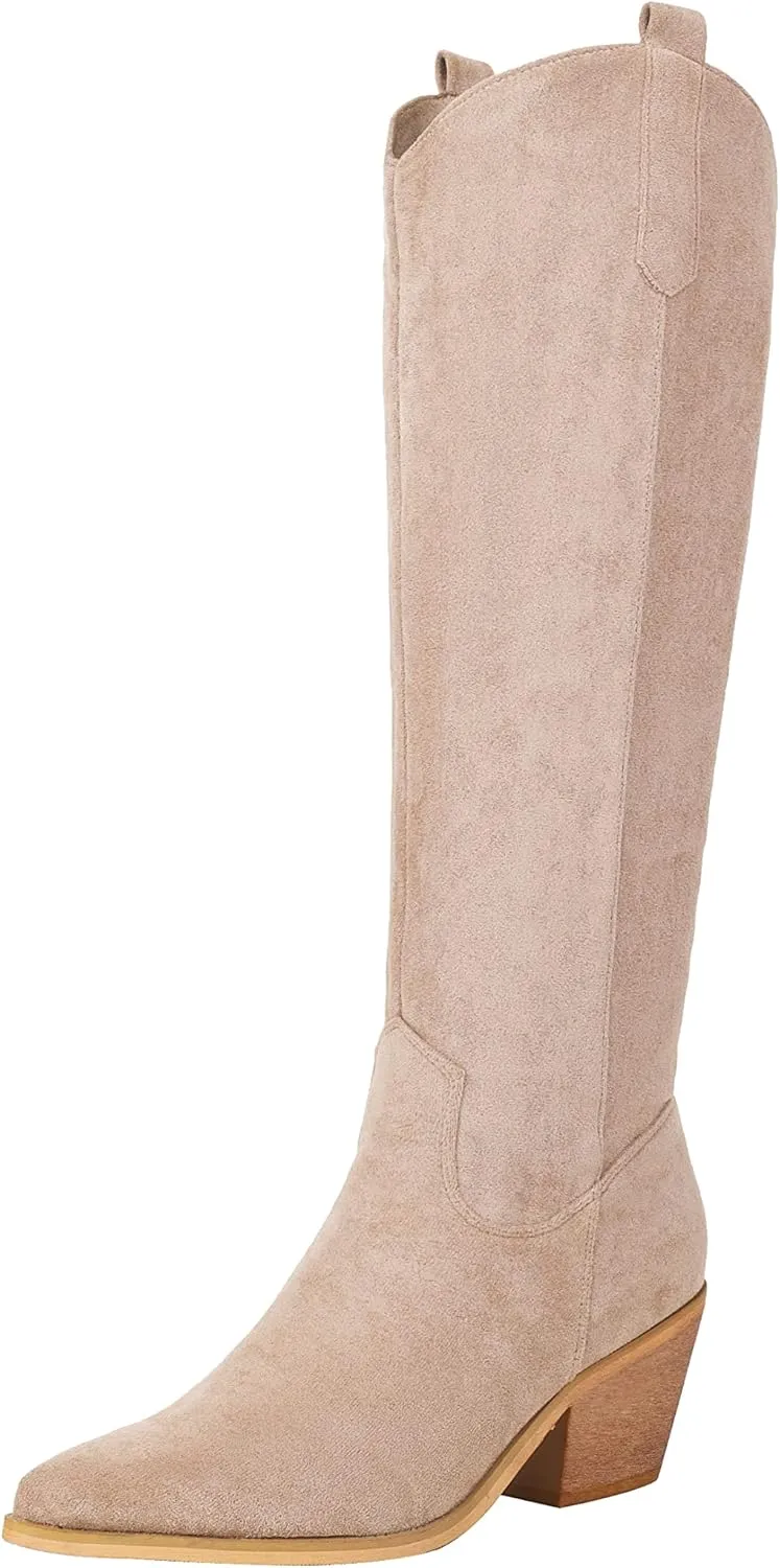 Reitoye Cowboy Boots for Women Embroidery Western Cowgirl Knee High Chunky Heel Boots with Pull-Up Tabs