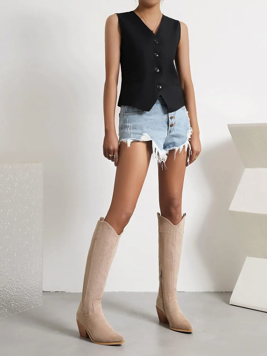 Reitoye Cowboy Boots for Women Embroidery Western Cowgirl Knee High Chunky Heel Boots with Pull-Up Tabs