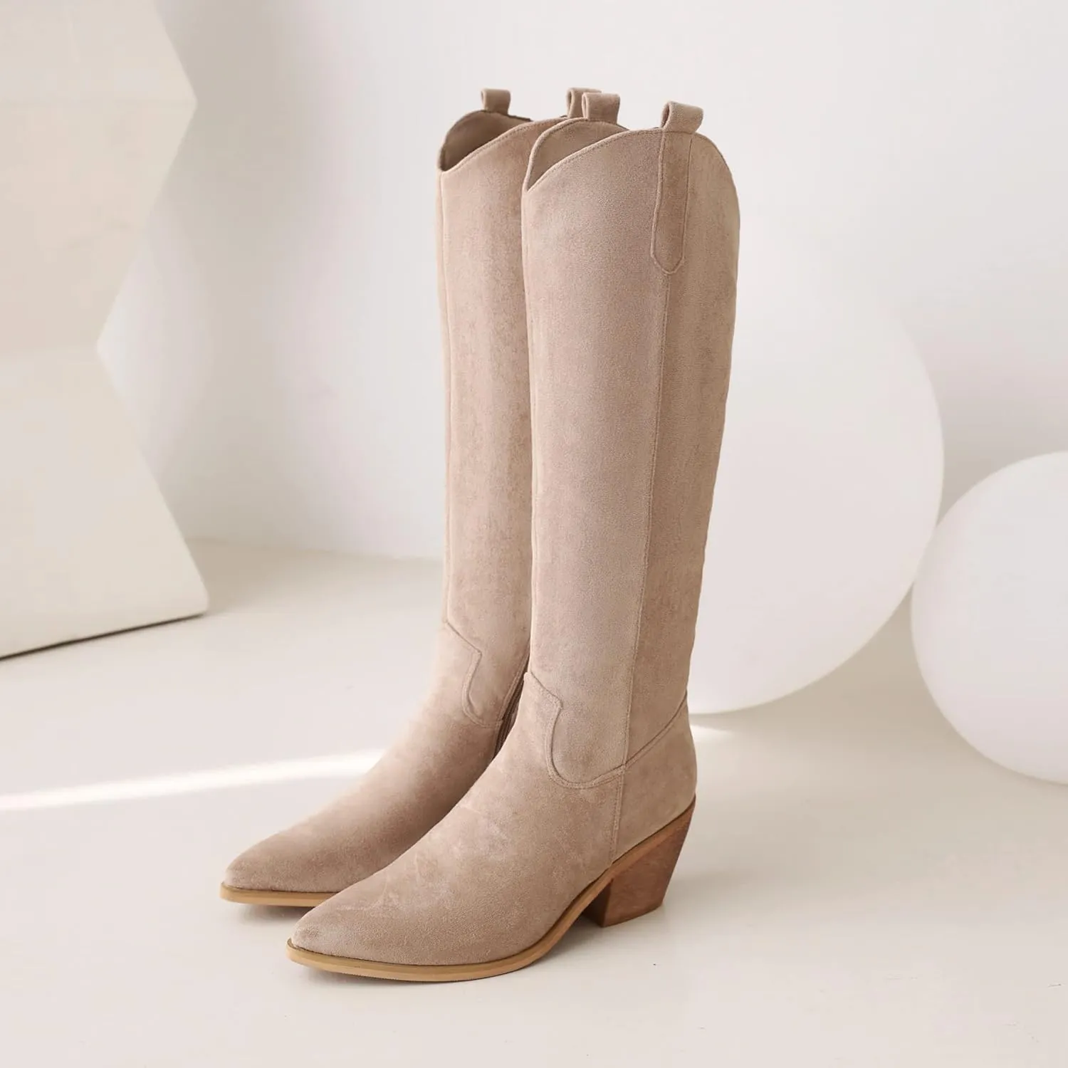 Reitoye Cowboy Boots for Women Embroidery Western Cowgirl Knee High Chunky Heel Boots with Pull-Up Tabs