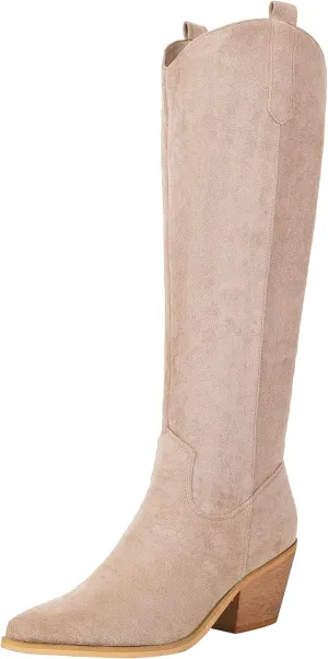 Reitoye Cowboy Boots for Women Embroidery Western Cowgirl Knee High Chunky Heel Boots with Pull-Up Tabs