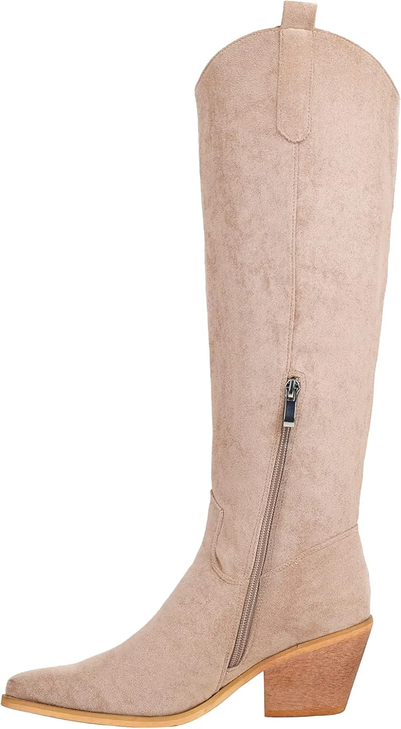 Reitoye Cowboy Boots for Women Embroidery Western Cowgirl Knee High Chunky Heel Boots with Pull-Up Tabs