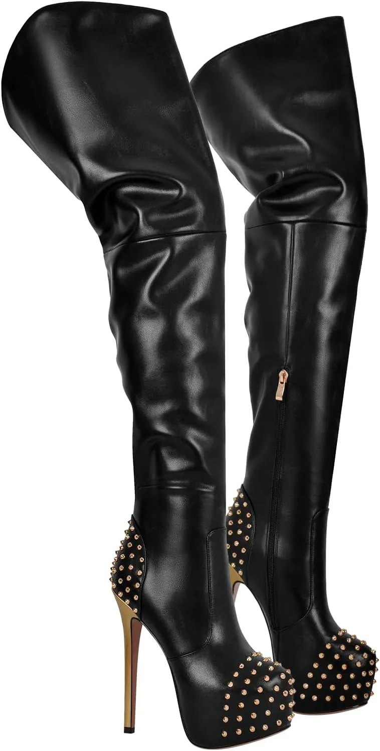 richealnini Platform Heel for Women Stiletto Heel Thigh High Boots with Zippers and Rivets