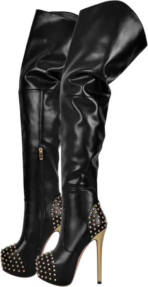 richealnini Platform Heel for Women Stiletto Heel Thigh High Boots with Zippers and Rivets