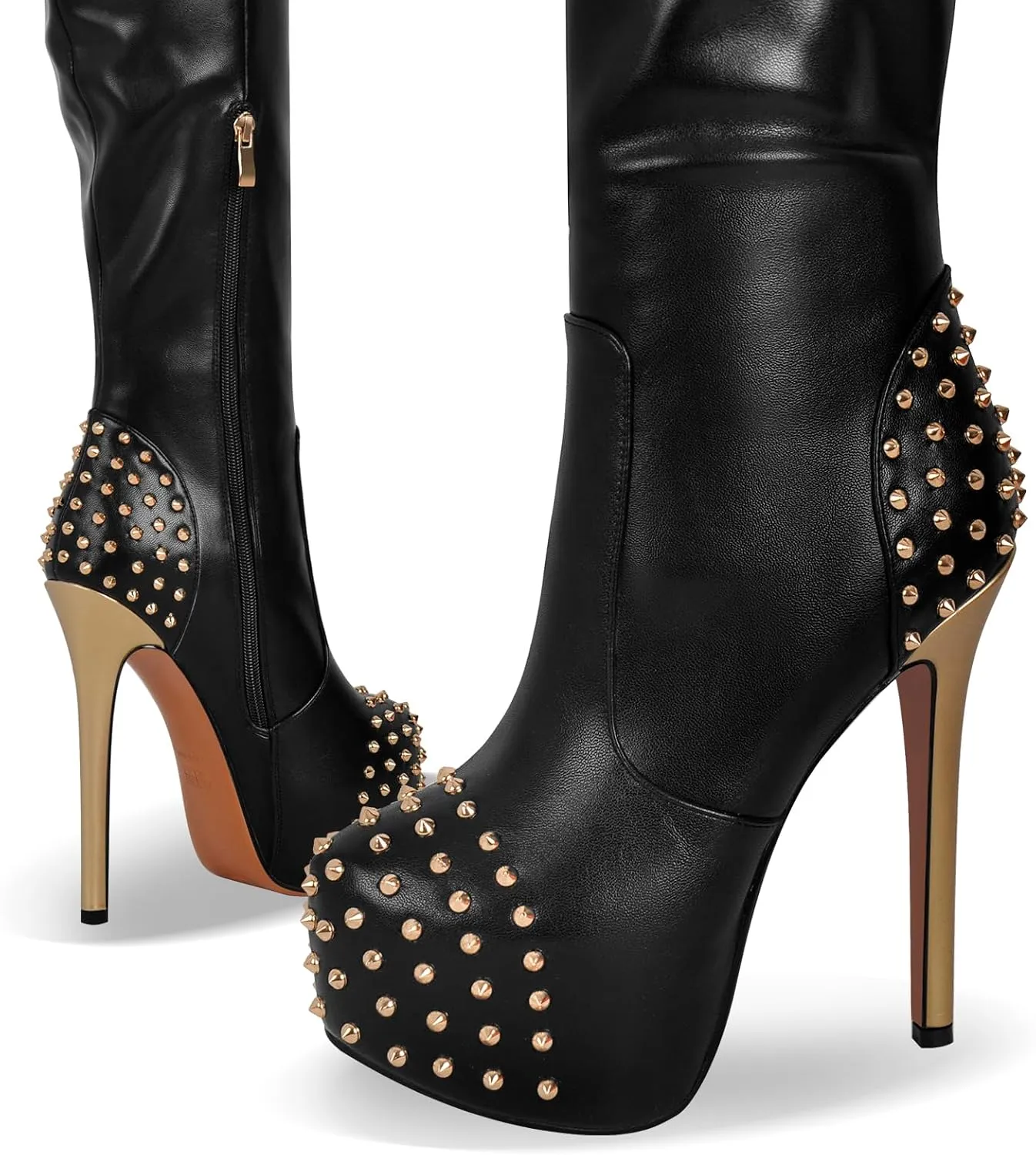 richealnini Platform Heel for Women Stiletto Heel Thigh High Boots with Zippers and Rivets