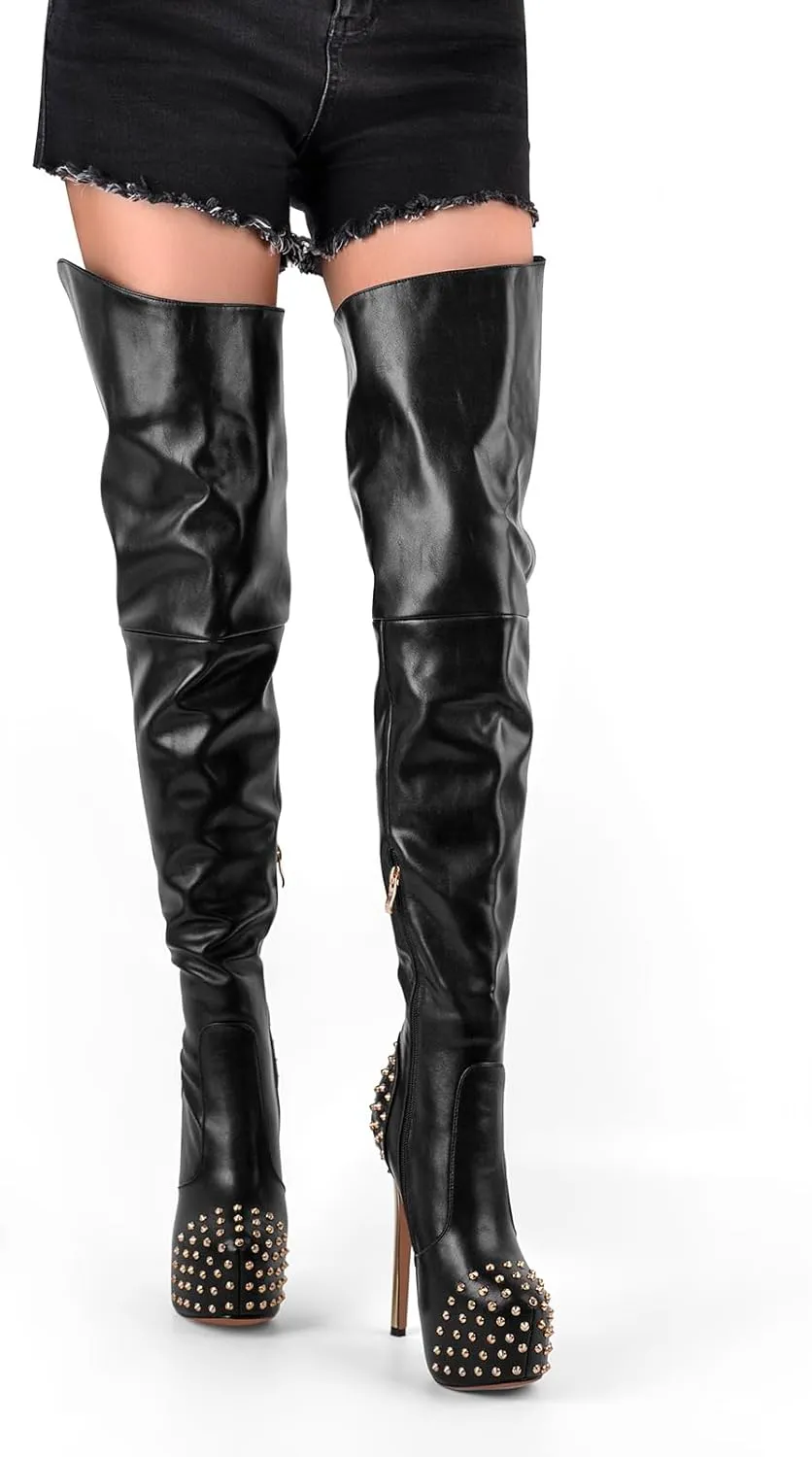 richealnini Platform Heel for Women Stiletto Heel Thigh High Boots with Zippers and Rivets