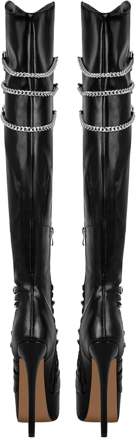 richealnini Sexy Pointed Toe Platform Thigh High Boots with Zippers and Chains Women's Zip Up Stretchy Over the Knee High Boots Stiletto Heel