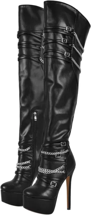 richealnini Sexy Pointed Toe Platform Thigh High Boots with Zippers and Chains Women's Zip Up Stretchy Over the Knee High Boots Stiletto Heel