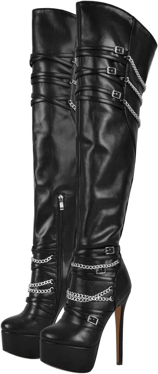 richealnini Sexy Pointed Toe Platform Thigh High Boots with Zippers and Chains Women's Zip Up Stretchy Over the Knee High Boots Stiletto Heel