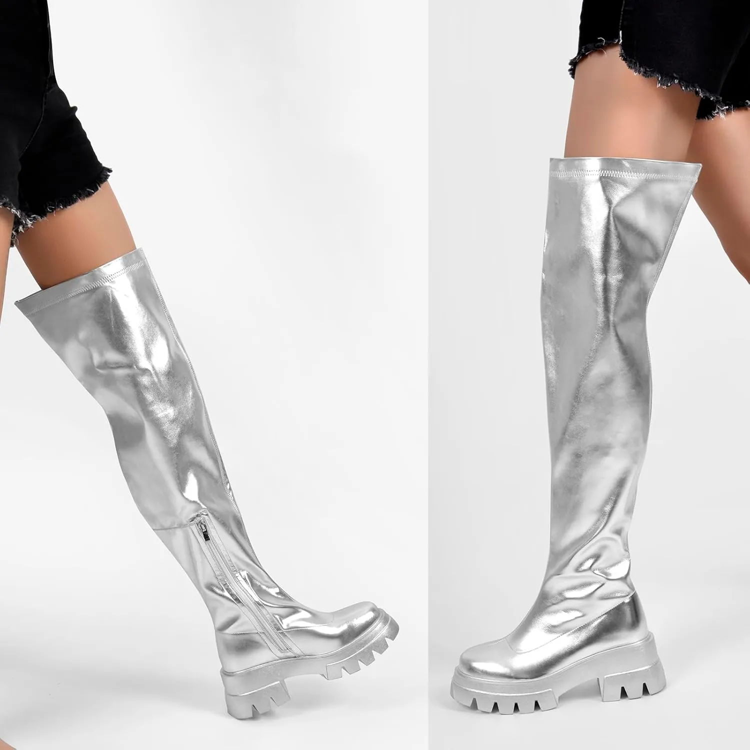 richealnini Women's Flat Platform Thigh High Boots with Zippers Side Zip Up Long Shaft Tall Boots