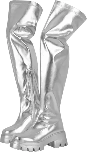 richealnini Women's Flat Platform Thigh High Boots with Zippers Side Zip Up Long Shaft Tall Boots