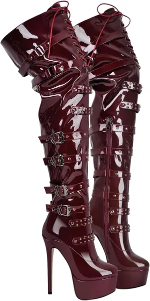 richealnini Women's Platform Heel Thigh High Boots with Zippers Lace Up Sexy Sky High Heels Long Shaft Over the Knee High Boots