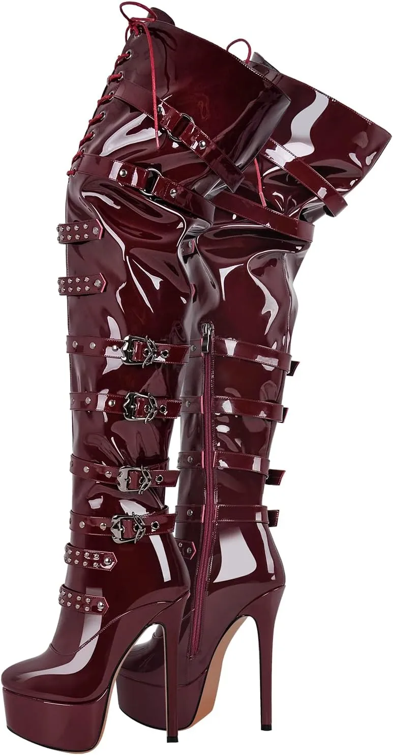 richealnini Women's Platform Heel Thigh High Boots with Zippers Lace Up Sexy Sky High Heels Long Shaft Over the Knee High Boots
