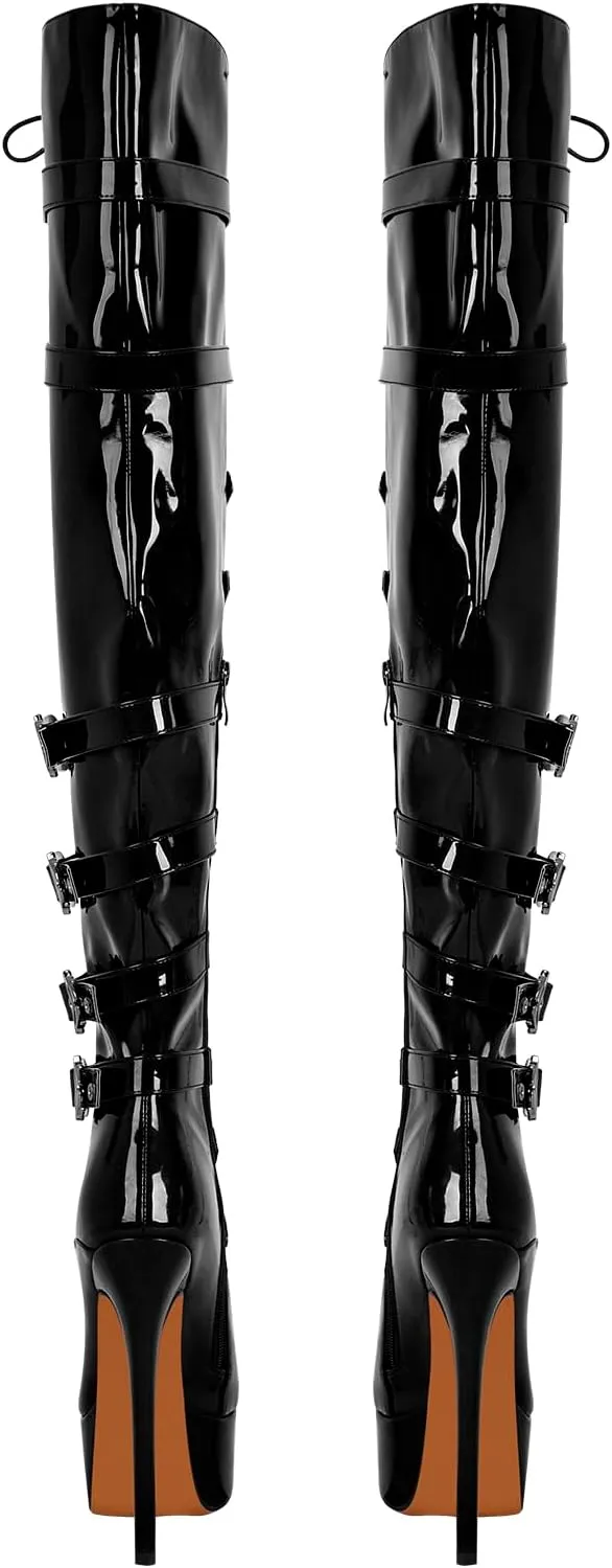 richealnini Women's Platform Heel Thigh High Boots with Zippers Lace Up Sexy Sky High Heels Long Shaft Over the Knee High Boots