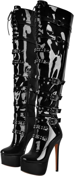richealnini Women's Platform Heel Thigh High Boots with Zippers Lace Up Sexy Sky High Heels Long Shaft Over the Knee High Boots