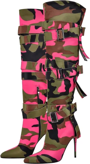 richealnini Women's Thigh High Boots with Straps Canvas Stiletto Heel Sexy Pointed Toe Party Riding Boots