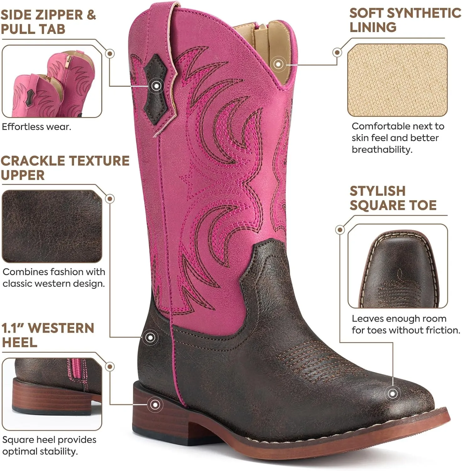 Rollda Kids Cowboy Boots Girls Cowgirl Boots Square Toe Boys Western Boots for Toddler/Little Kid/Big Kid