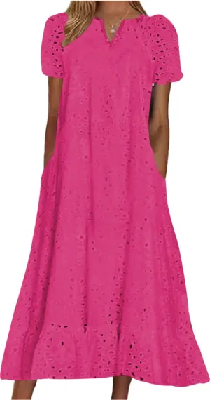 Ru Sweet Women Summer Ruffle Hem Floral Lace Eyelet Dress Casual Notch Neck Midi Tunic Dress with Pocket