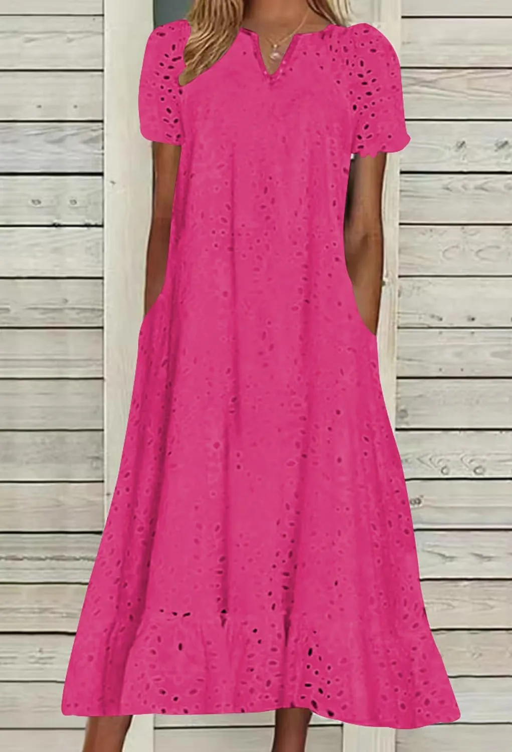 Ru Sweet Women Summer Ruffle Hem Floral Lace Eyelet Dress Casual Notch Neck Midi Tunic Dress with Pocket
