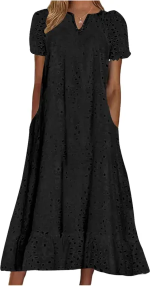 Ru Sweet Women Summer Ruffle Hem Floral Lace Eyelet Dress Casual Notch Neck Midi Tunic Dress with Pocket