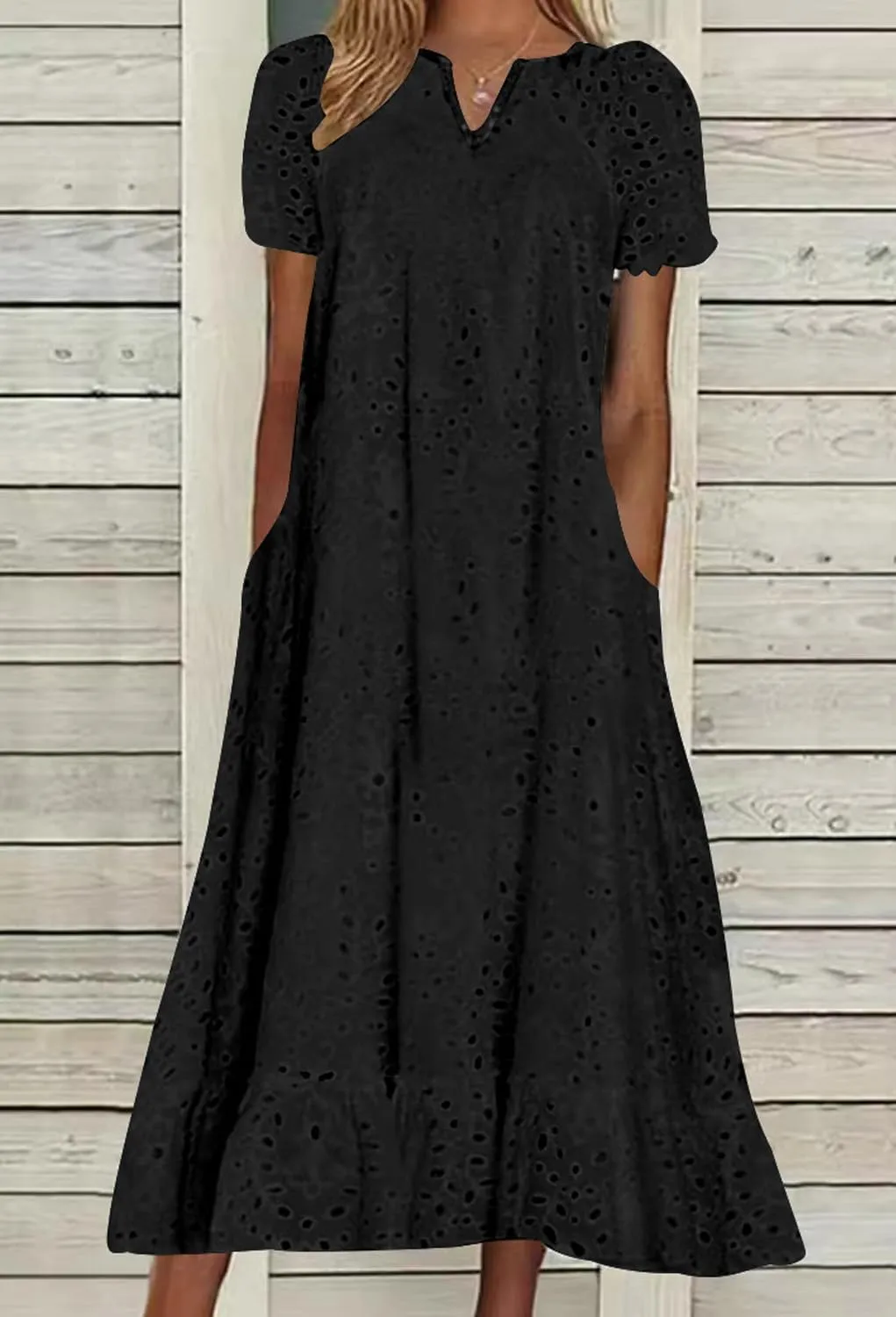 Ru Sweet Women Summer Ruffle Hem Floral Lace Eyelet Dress Casual Notch Neck Midi Tunic Dress with Pocket