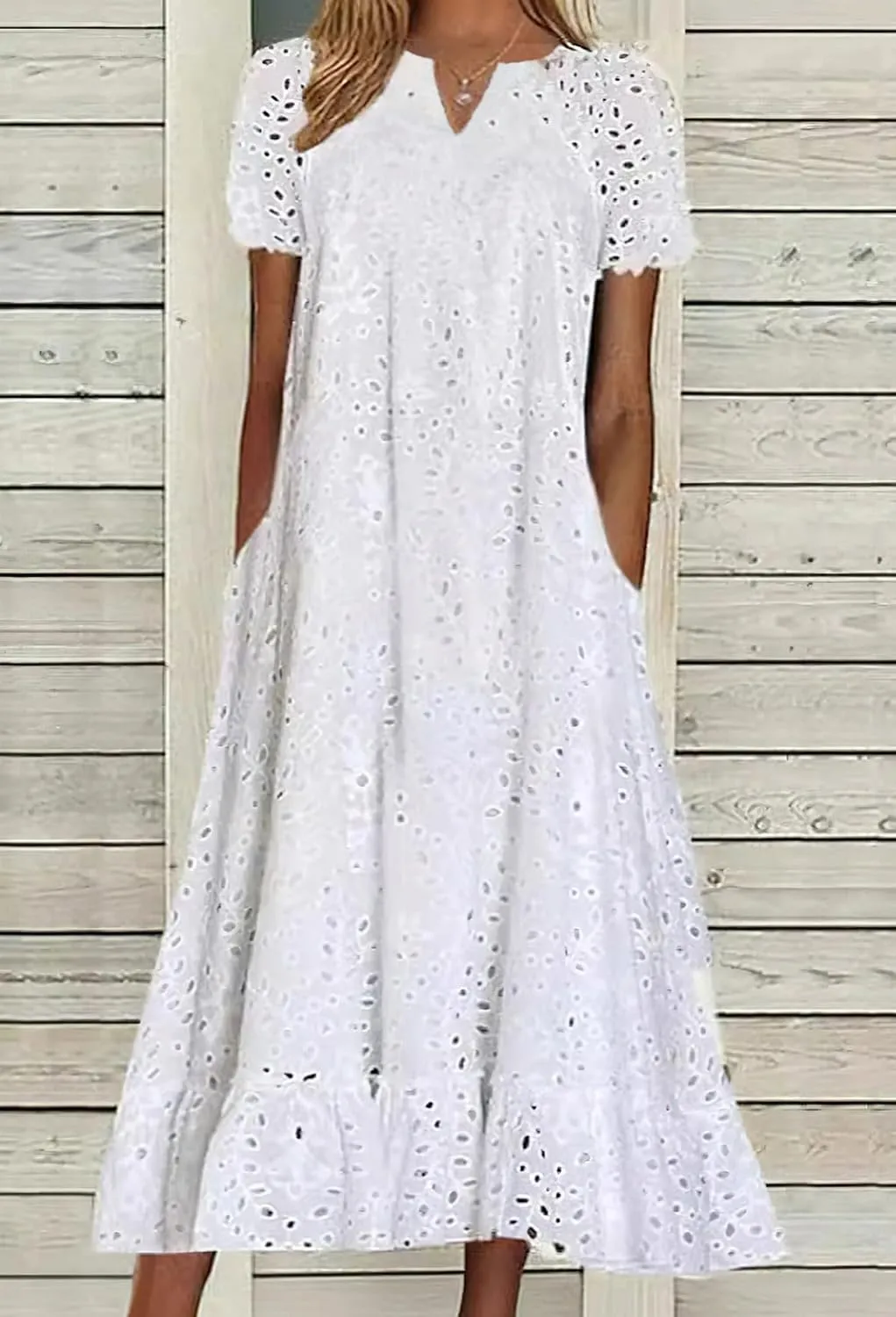 Ru Sweet Women Summer Ruffle Hem Floral Lace Eyelet Dress Casual Notch Neck Midi Tunic Dress with Pocket