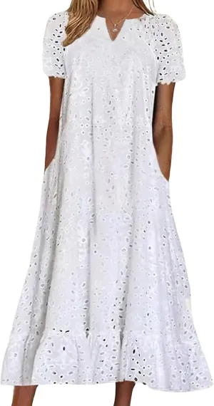 Ru Sweet Women Summer Ruffle Hem Floral Lace Eyelet Dress Casual Notch Neck Midi Tunic Dress with Pocket