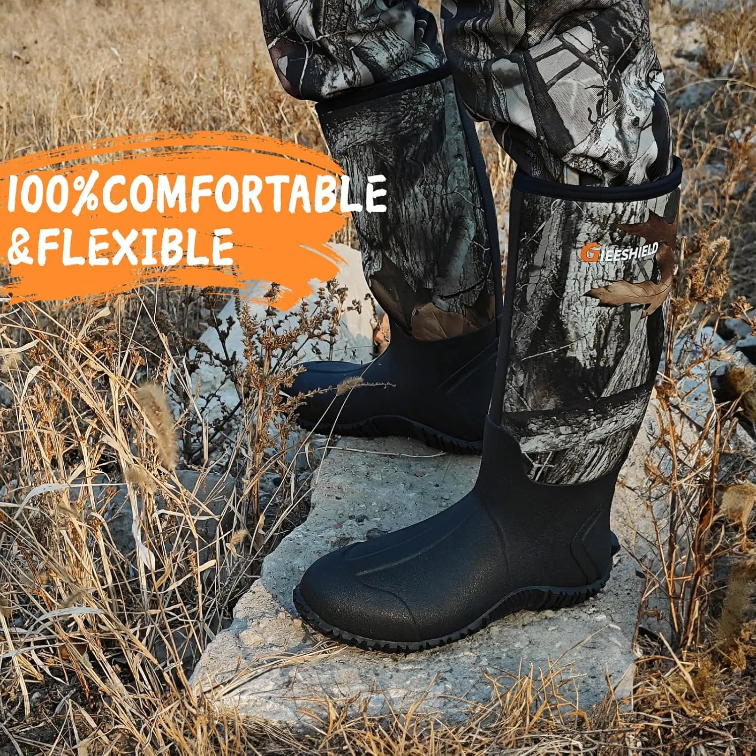 Rubber Boots for Men, Waterproof Insulated Rubber Hunting Neoprene Boots with Steel Shank, Durable Anti-Slip Outdoor Work Boots for Hunting Gardening Farming Fishing Mud Working