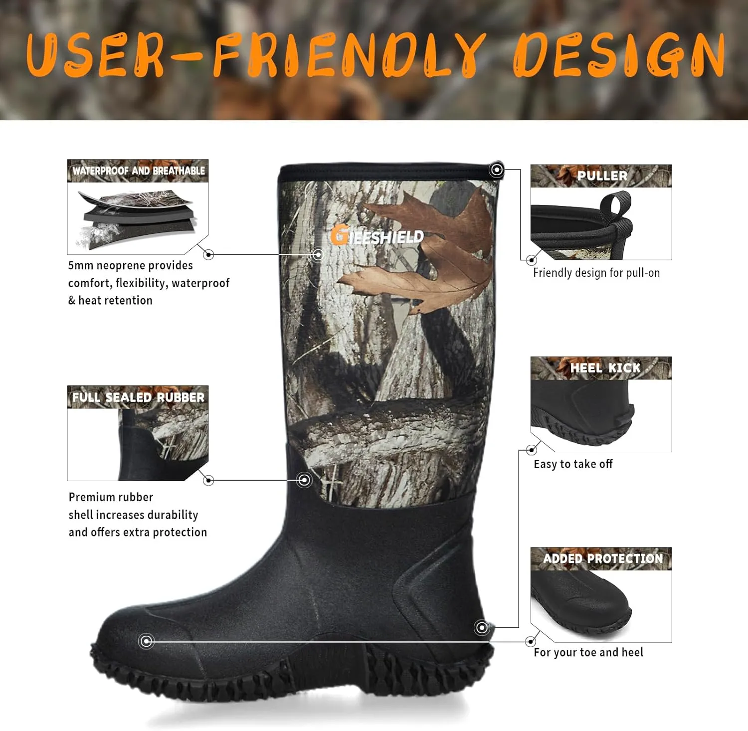 Rubber Boots for Men, Waterproof Insulated Rubber Hunting Neoprene Boots with Steel Shank, Durable Anti-Slip Outdoor Work Boots for Hunting Gardening Farming Fishing Mud Working
