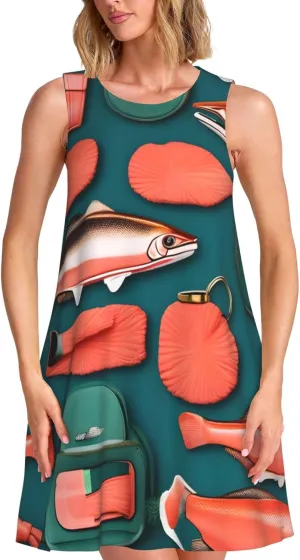 Salmon Pattern Print Women's Summer Dresses Beach Casual Sleeveless Floral Loose Sundress with Pocket