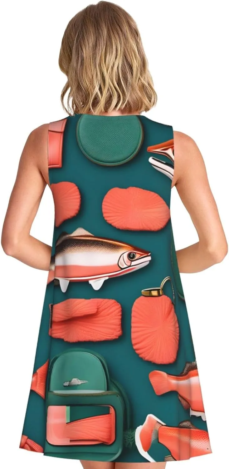 Salmon Pattern Print Women's Summer Dresses Beach Casual Sleeveless Floral Loose Sundress with Pocket