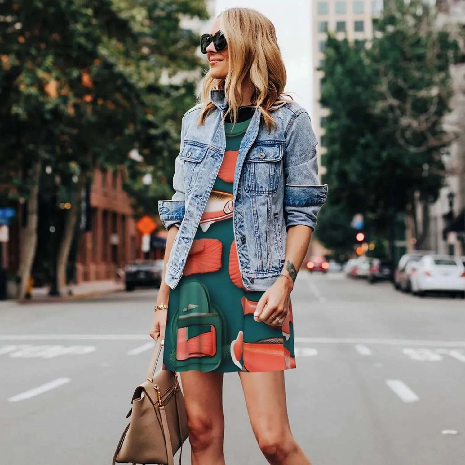 Salmon Pattern Print Women's Summer Dresses Beach Casual Sleeveless Floral Loose Sundress with Pocket