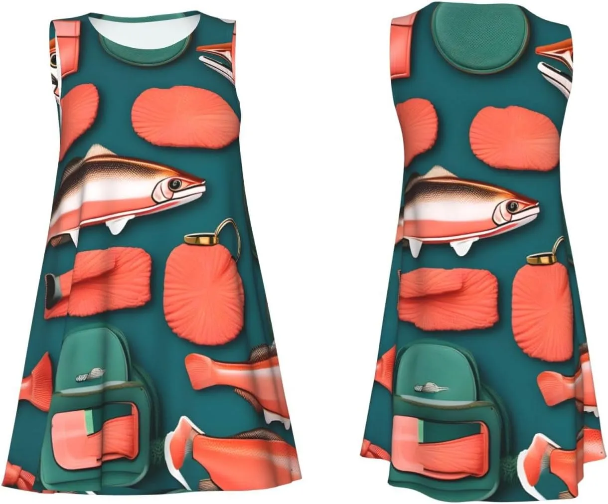 Salmon Pattern Print Women's Summer Dresses Beach Casual Sleeveless Floral Loose Sundress with Pocket