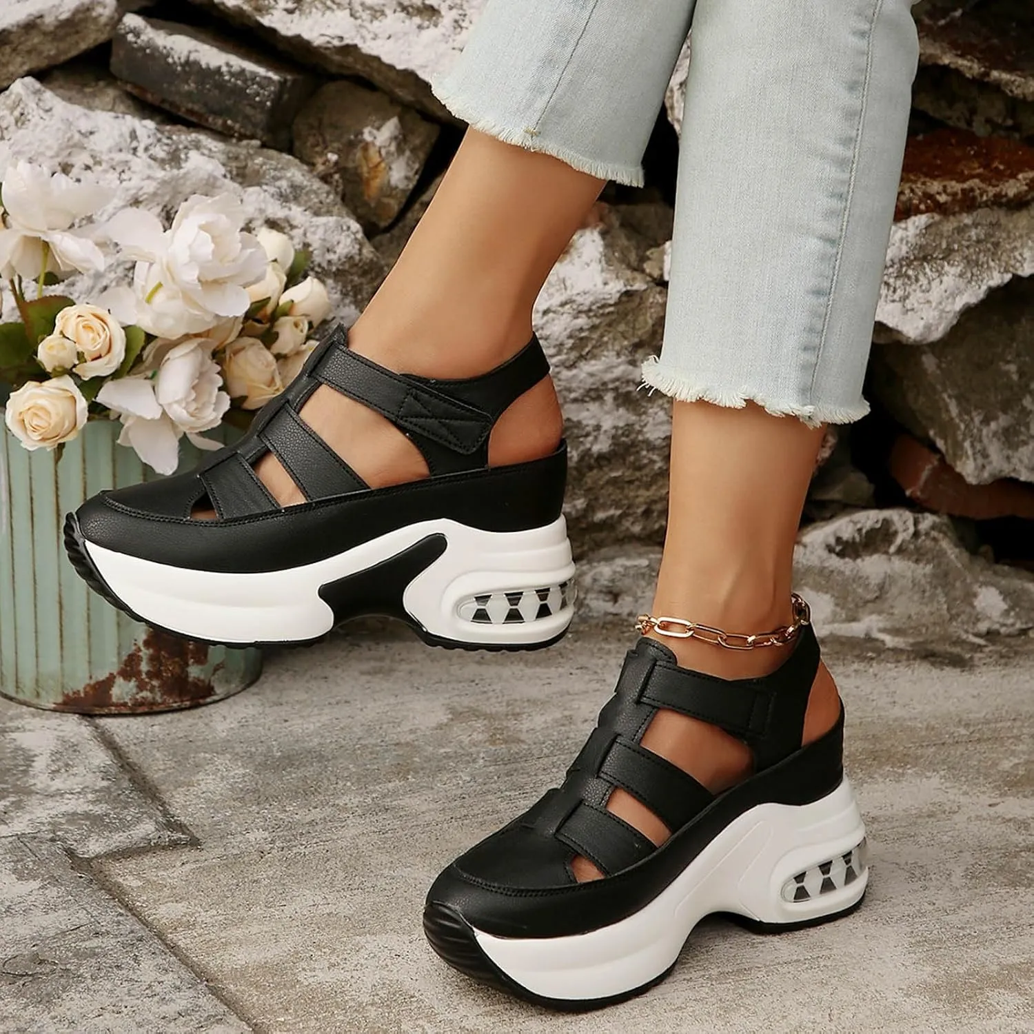 Sandals for Women 2025 Hiking Hollow Casual Thick Soled Womens Sandals Wedge Open Toe Hook and Loop Outdoor Sport Sandals