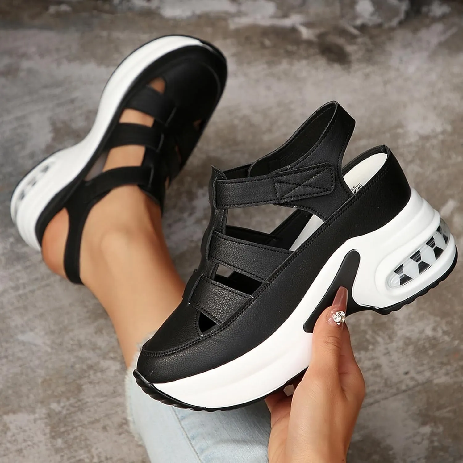 Sandals for Women 2025 Hiking Hollow Casual Thick Soled Womens Sandals Wedge Open Toe Hook and Loop Outdoor Sport Sandals