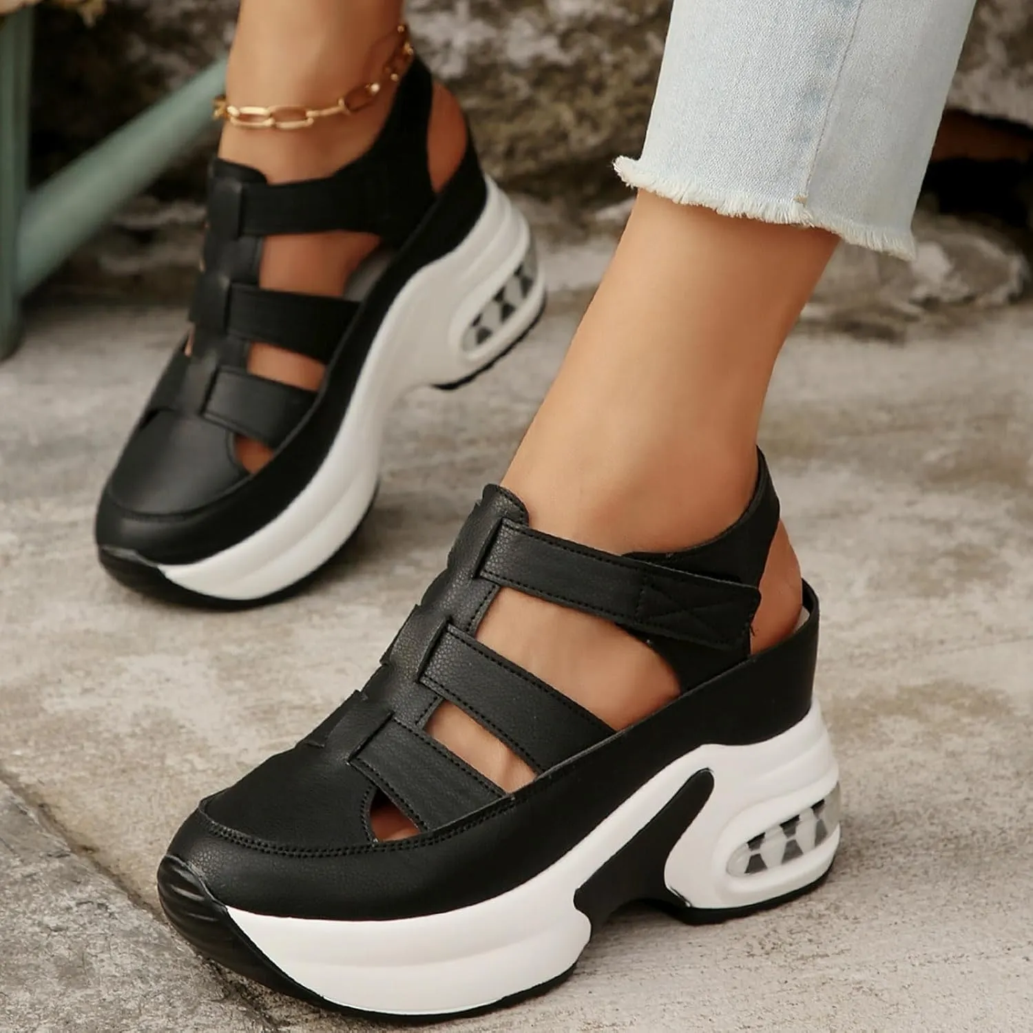 Sandals for Women 2025 Hiking Hollow Casual Thick Soled Womens Sandals Wedge Open Toe Hook and Loop Outdoor Sport Sandals