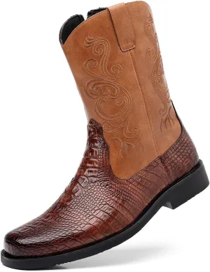 Santimon Men's Crocodile Western Cowboy Boots, Side Zipper, Mid Calf Wide Square Toe Boots