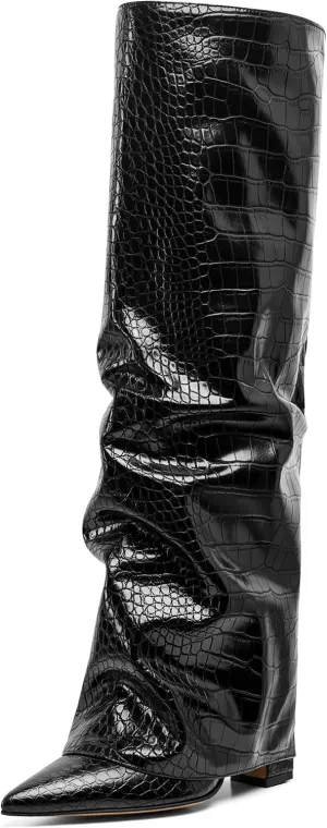 SaraIris Women's Slouchy Knee High Boots - Black, Pointed Toe, Fold Over, Chunky, Shark Boots