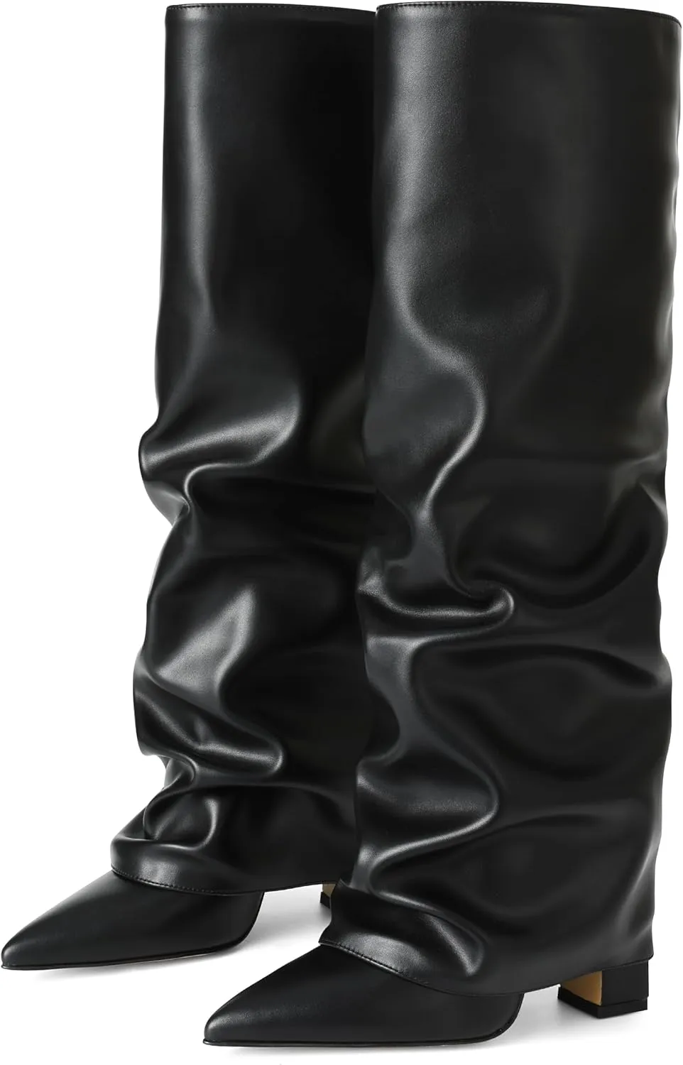 SaraIris Women's Slouchy Knee High Boots - Black, Pointed Toe, Fold Over, Chunky, Shark Boots