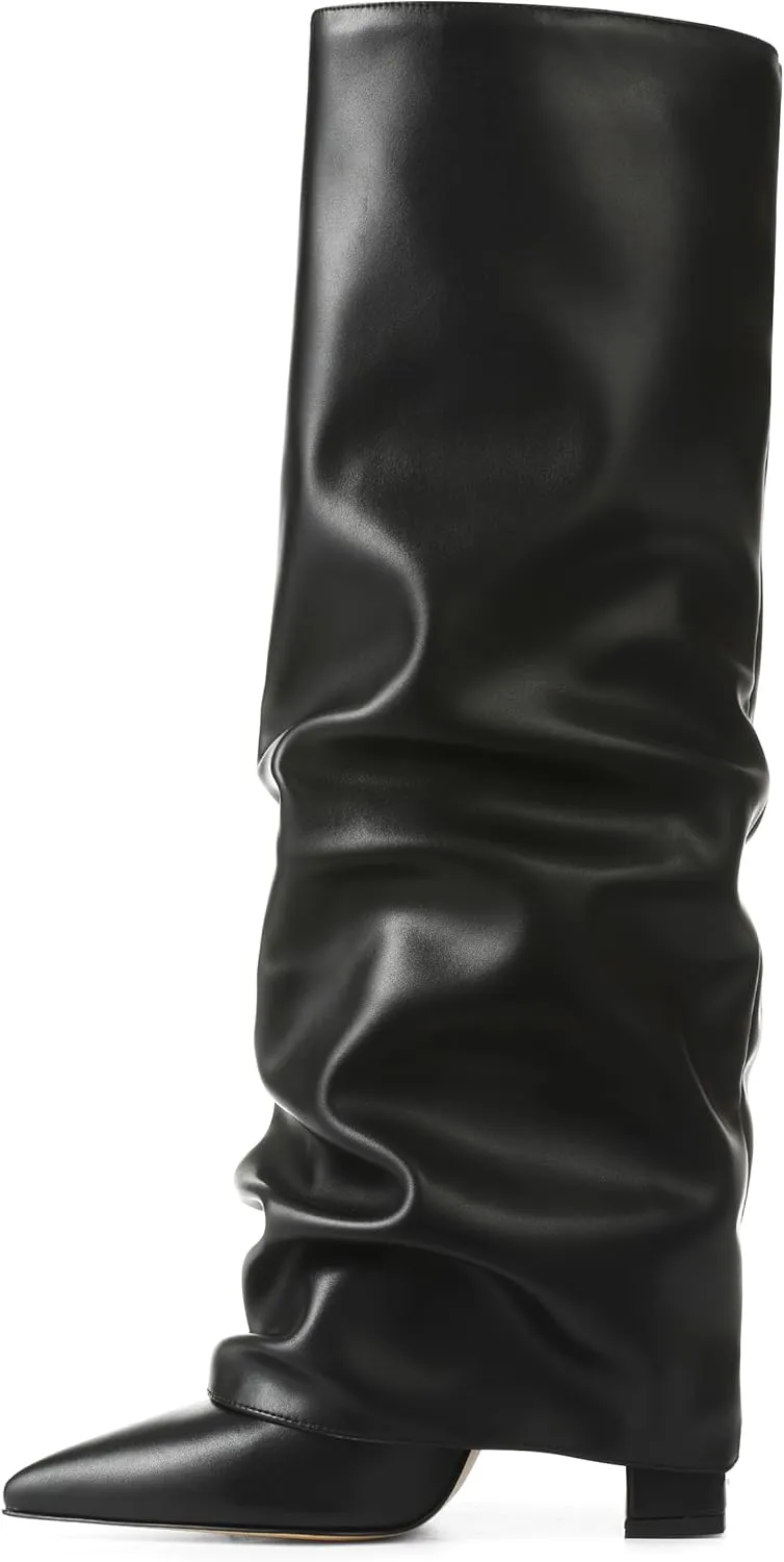 SaraIris Women's Slouchy Knee High Boots - Black, Pointed Toe, Fold Over, Chunky, Shark Boots