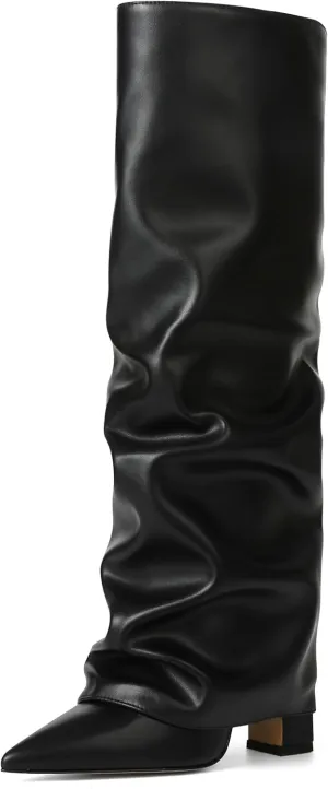 SaraIris Women's Slouchy Knee High Boots - Black, Pointed Toe, Fold Over, Chunky, Shark Boots